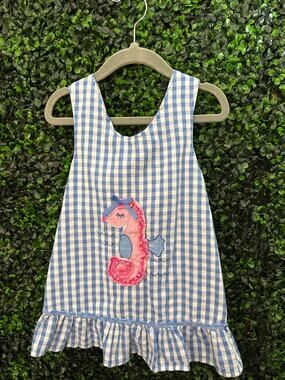Nannette, Seahorse Gingham Ruffle Top Toddler 4T Summer Blouse Girls